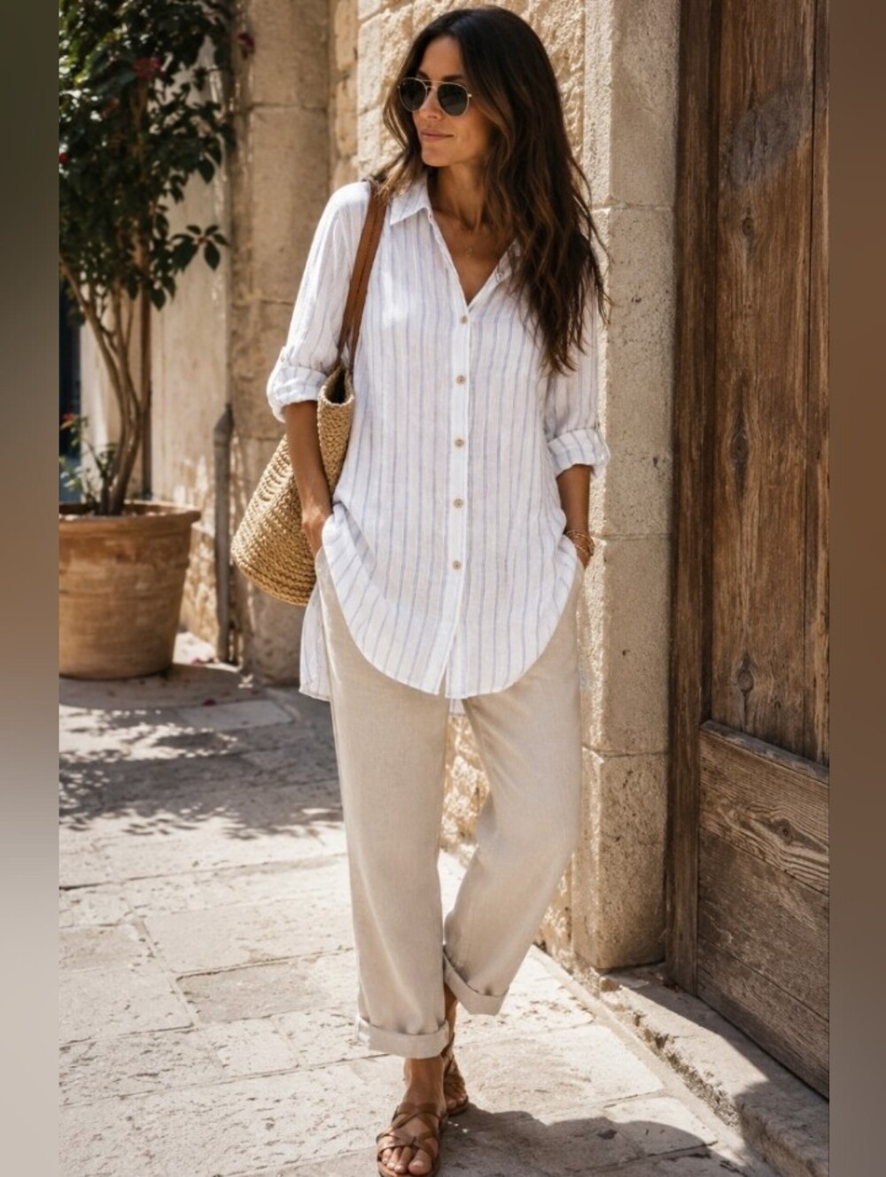 Rosemarine Made In Italy Linen Roll Tab Sleeve Tunic Top Button Up Size Large
